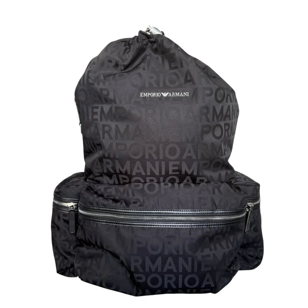 New Emporio Armani Black Nylon oversized Drawstring Logo Backpack